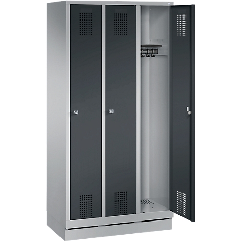 Grey locker with three doors, one open. Black vents and silver handles.