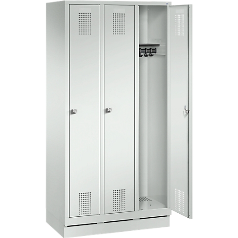 A white, three-door locker, one door is open. The locker has ventilation slots and coat hooks.
