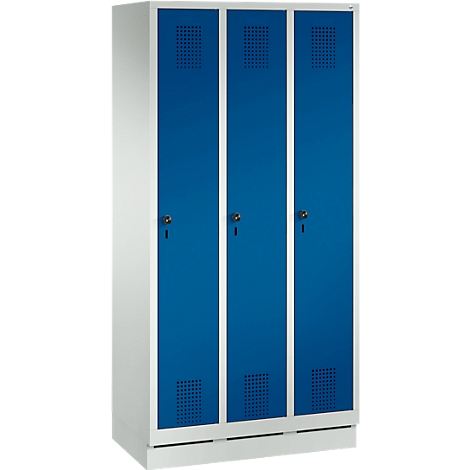 A white cabinet with three blue doors. Each door has a keyhole and ventilation slots at the top.