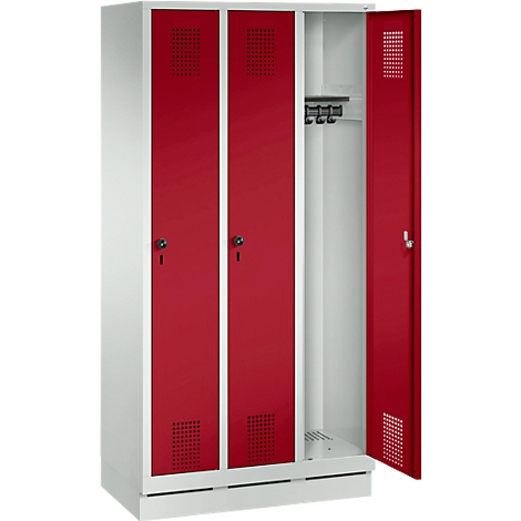 A white and red locker, one door open.