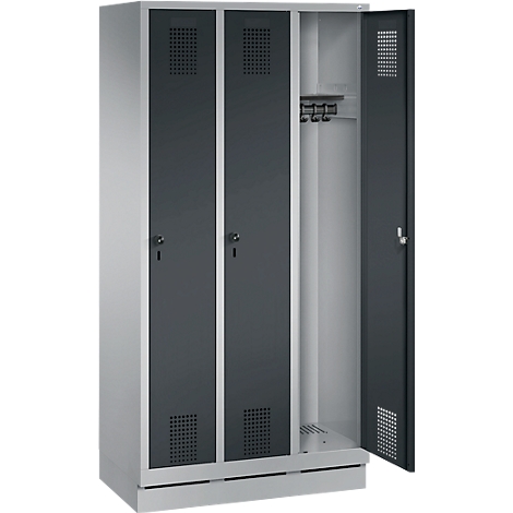 Locker with three compartments, two closed, one open. Gray doors, silver body, interior with rod and hooks.