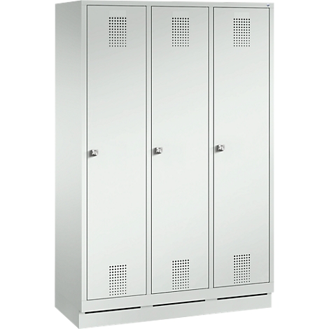 Three-part white locker, with small ventilation openings and handles.