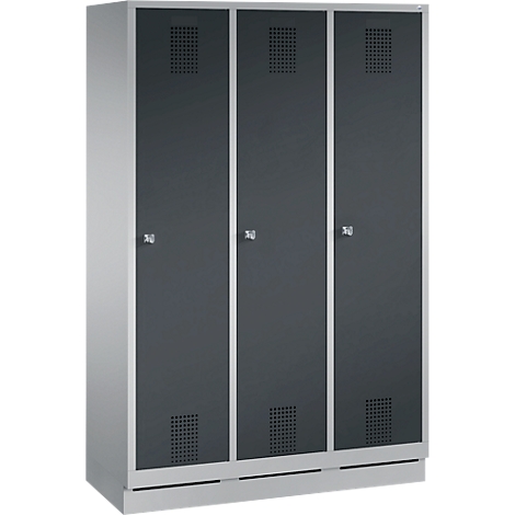 Three-part gray steel locker with perforated pattern and silver handles.