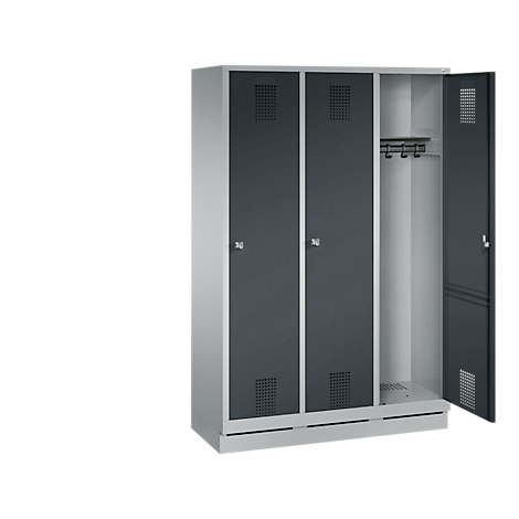 Grey locker with three compartments, one door open. Ventilation slots at top and bottom.