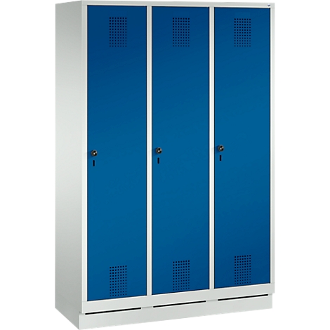 Triple locker with blue doors, white frames, and key locks.