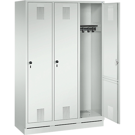 White locker with three doors, one open. Ventilation holes, hook strip inside.