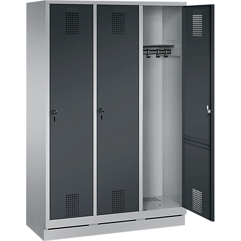 Grey locker, one door open, hooks for clothes. Ventilation slots, locks.