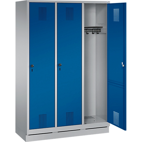 Steel cabinet with blue doors, one door is open, hook strip inside.