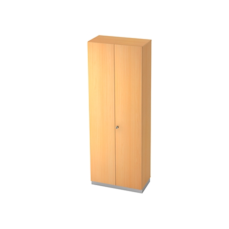 Tall wooden cabinet with two doors. The surface is light brown. There is a silver base at the bottom and a small keyhole in the middle.