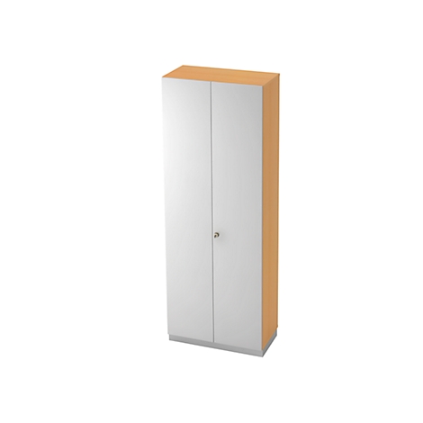 A white cabinet with wooden accents against a white background.