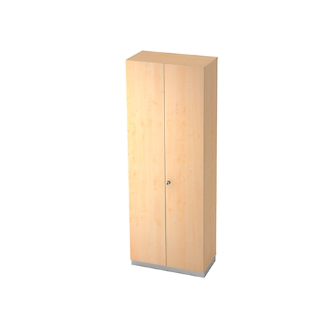 Tall, beige cabinet with two doors. The silver base forms the lower finish.