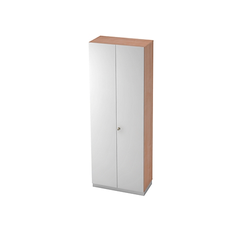 Tall, white cabinet with light brown side panels and top. The cabinet has two doors and a small handle.