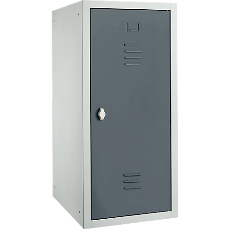 Gray steel cabinet, light door with ventilation slots and handle.