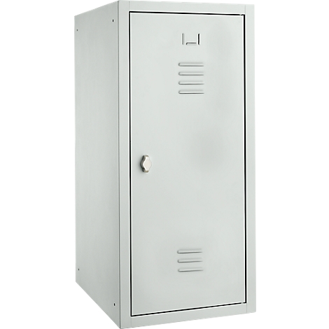 Light gray steel locker with door, handle, and ventilation slots. Clean, minimalist design.