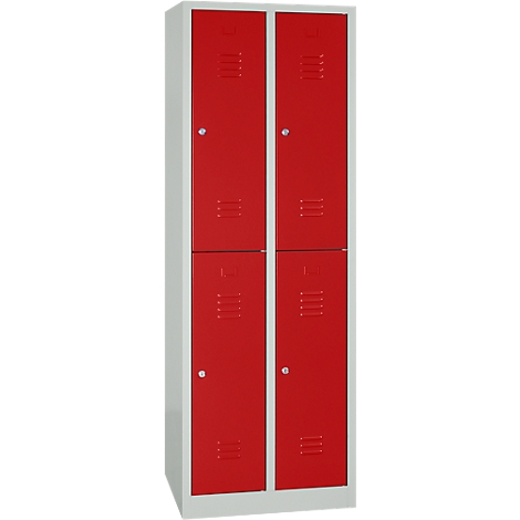 A red locker with four doors that can be opened with silver handles.