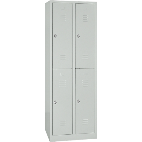 Gray steel cabinet with four doors, with ventilation slots and door handles. The cabinet stands against a white background.
