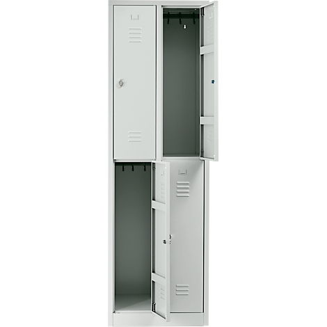 A two-tiered gray steel locker, doors partially open, with hooks inside.
