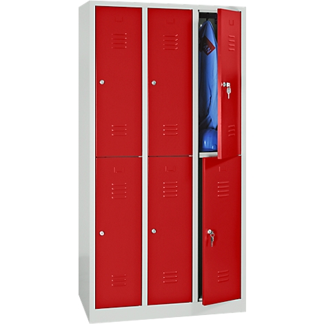 Red locker, one door open, showing blue jacket, helmet, keys inside.