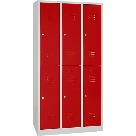 A cabinet with six red doors. The doors have ventilation slots and silver handles. The frame is white.