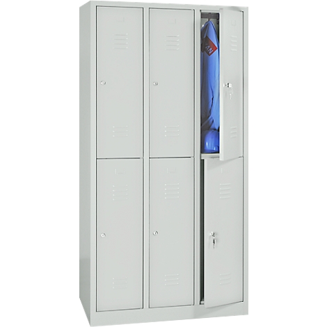 Gray locker with slightly open door. Blue work clothes and a helmet are visible inside.