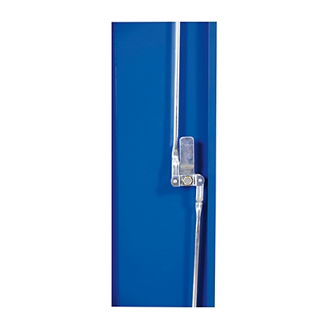 Close-up of a blue object attached to a door. A silver latch with a handle and a mechanical locking mechanism.
