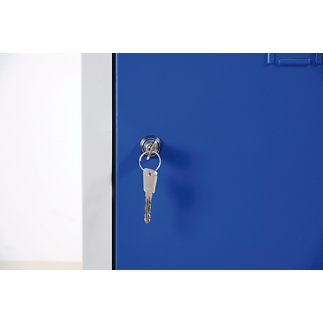 Close-up of a blue locker with key in the lock.