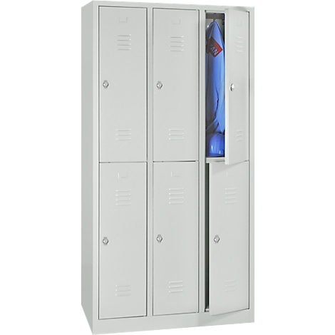 Grey lockers with an open door, blue clothing and a helmet inside.