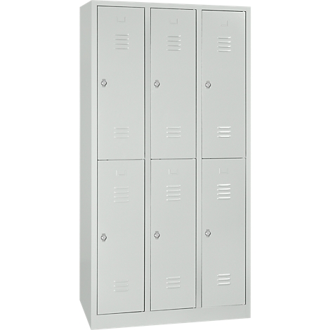 Gray locker with six doors, each with ventilation slots and a small handle.