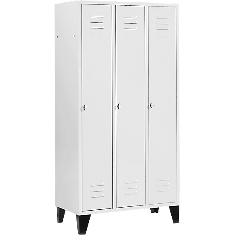 White three-door locker with silver handles and ventilation slots, standing on black legs.