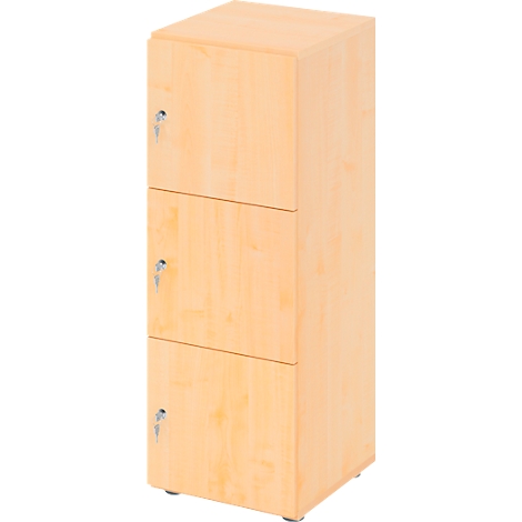 Lichtbruine archiefkast met drie lades en sleutels.