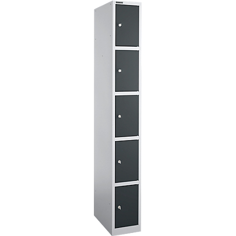 Grijze kast met vijf zwarte deuren, elk met een zilveren knop. De kast staat tegen een witte achtergrond.