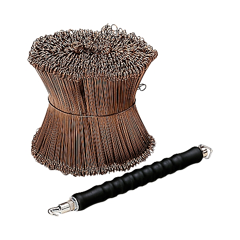 Copper wire tie roll next to a black wire tie tool.