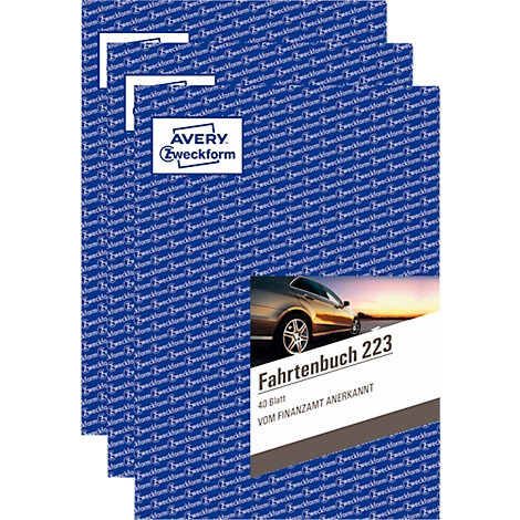 Blauw logboek 223, met teksten 'logboek 223', '40 vellen', 'Goedgekeurd door de belastingdienst'. Gedrukte auto en logo.