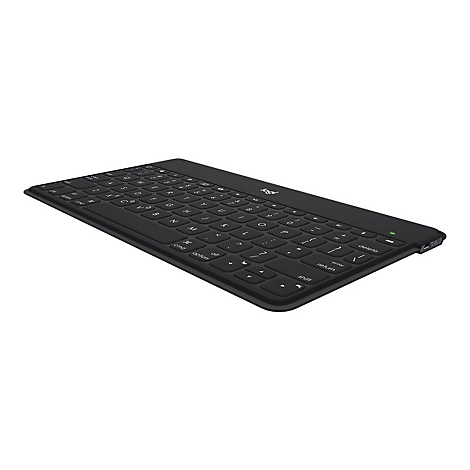 Schwarze Tastatur auf weiÃŸem Hintergrund. Das Logo Logitech ist oben rechts.