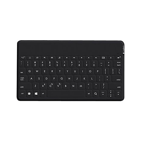Schwarze kabellose Tastatur mit weiÃŸer Beschriftung auf weiÃŸem Hintergrund. Alle Tasten sind deutlich sichtbar.