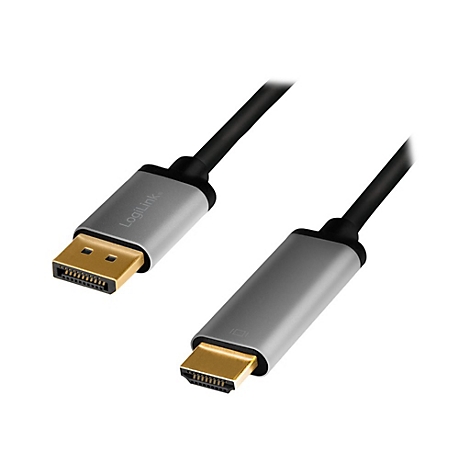 DisplayPort auf HDMI Kabel mit grauen Steckern und goldenen Kontakten vor weißem Hintergrund.