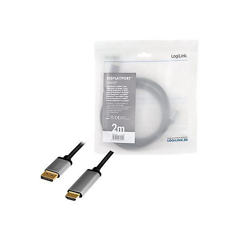LogiLink DisplayPort-auf-HDMI-Kabel, zwei Meter lang, verpackt in einer transparenten Plastiktüte.
