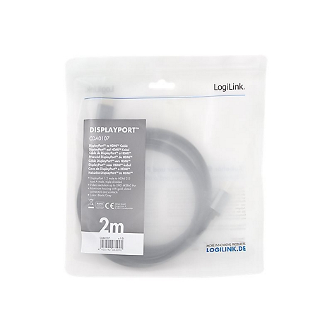 LogiLink DisplayPort auf HDMI Kabel, 2m, in transparenter Kunststoffverpackung mit grauem Etikett.