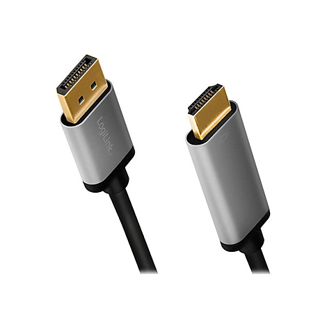 LogiLink DisplayPort-auf-HDMI-Adapterkabel mit goldenen Steckern und silbernem Gehäuse auf weißem Grund.
