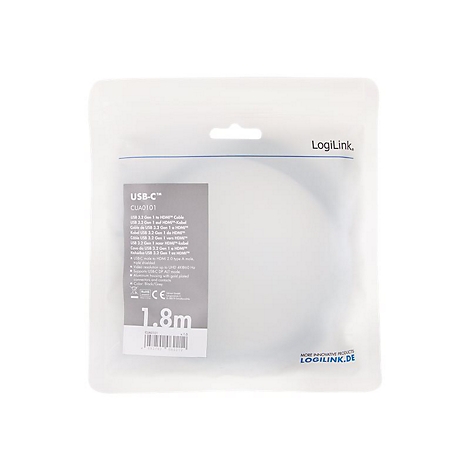LogiLink USB-C auf HDMI-Adapterkabel 1,8 m in transparenter Kunststoffverpackung.