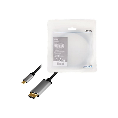 LogiLink USB-C auf HDMI Kabel (1,8m) in transparenter Kunststoffverpackung mit Produktbild.