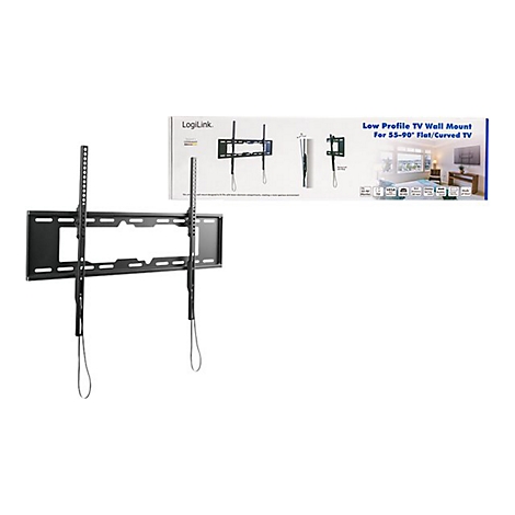 LogiLink flache TV-Wandhalterung für 55-90 Zoll Flach- und Curved-Bildschirme vor weißem Hintergrund.