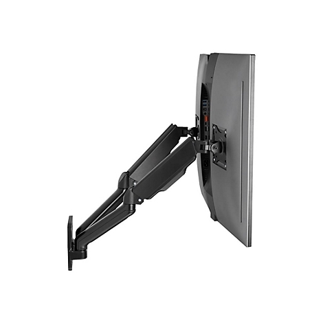 Schwarze Wandhalterung für Monitore mit schwenkbarem Gelenkarm hält einen Bildschirm vor weißem Hintergrund.