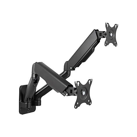 Schwarze, zweifache Monitor-Wandhalterung mit beweglichen Armen vor weißem Hintergrund.
