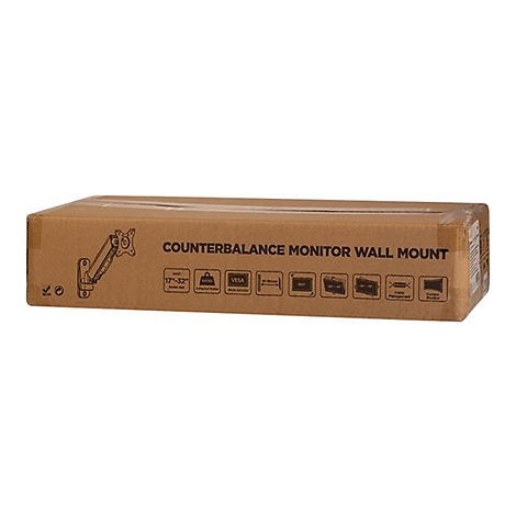 Brauner Karton einer Monitor-Wandhalterung mit Produktabbildung und technischen Icons.