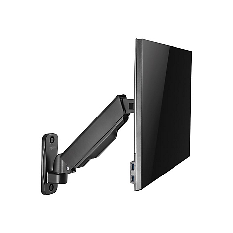 Schwarze Wandhalterung mit schwenkbarem Arm hält einen Monitor, LogiLink Logo sichtbar.