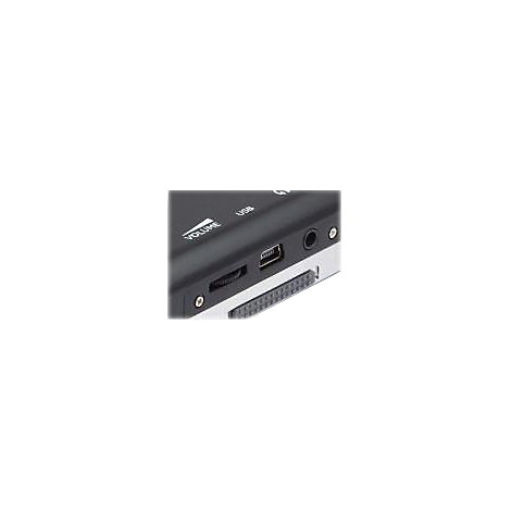 Nahaufnahme der Anschlüsse eines schwarzen Geräts: Lautstärkeregler, USB-Port und Klinkenbuchse.