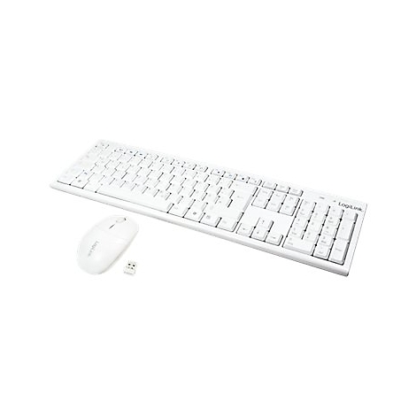 Weißes PC-Set: Tastatur, Maus und USB-Empfänger. Auf der Tastatur ist der Schriftzug "LogiLink" zu erkennen.