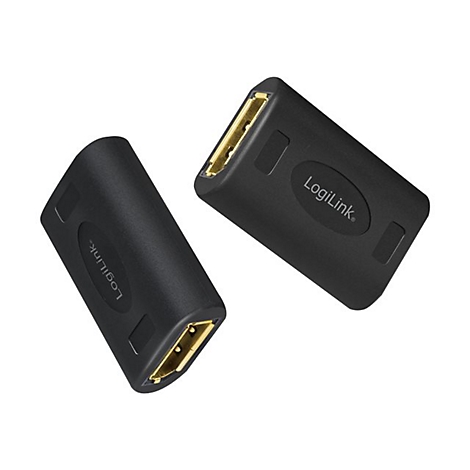 Zwei schwarze LogiLink DisplayPort-Adapter mit goldenen Anschlüssen vor weißem Hintergrund.