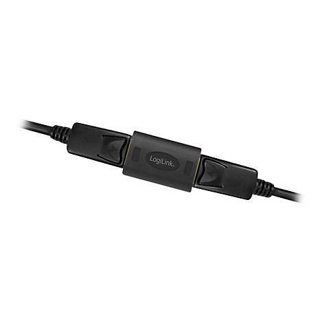 Ein schwarzer LogiLink HDMI-Kupplungsadapter verbindet zwei schwarze HDMI-Kabel vor einem weißen Hintergrund.